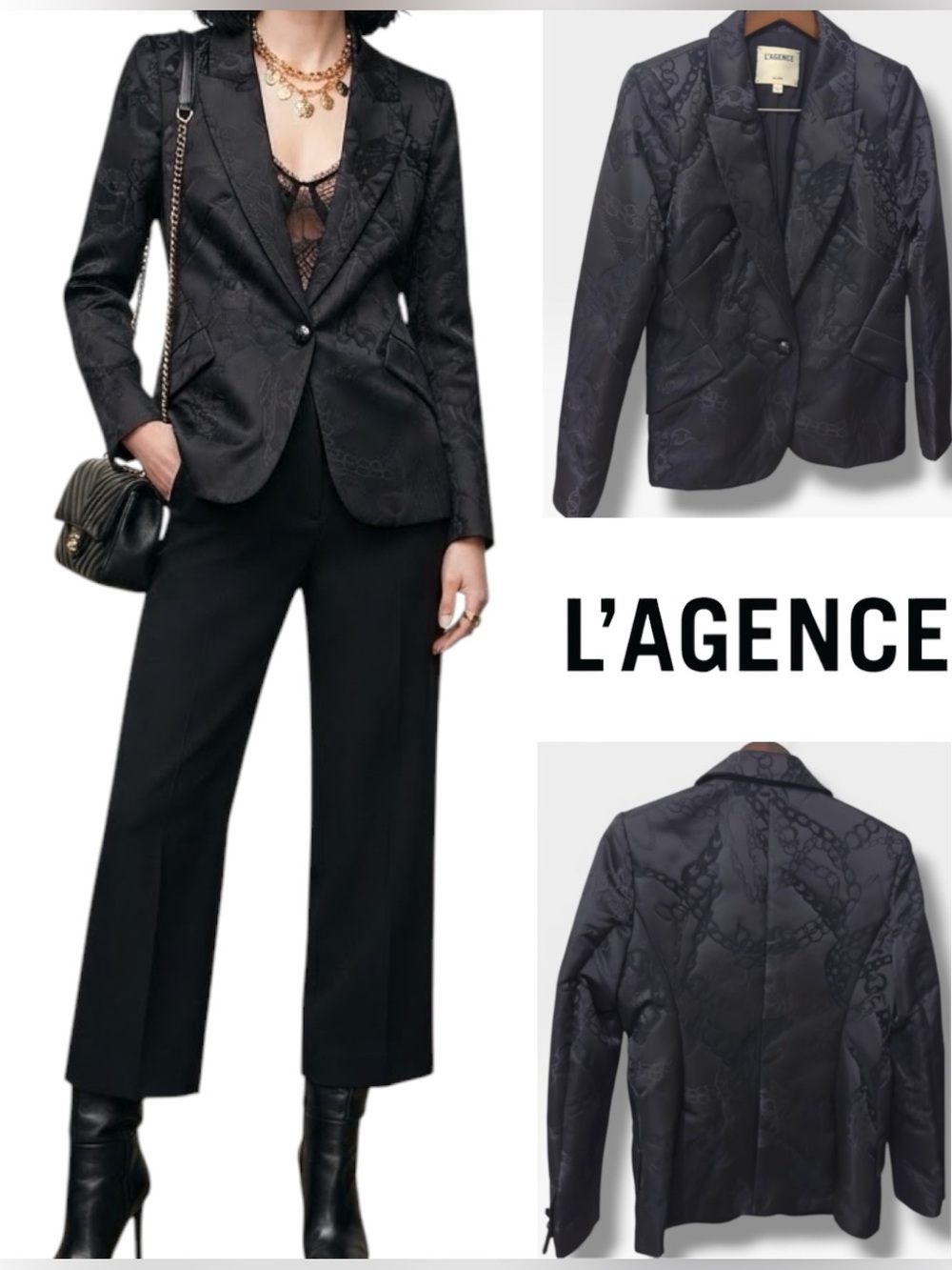 L'AGENCE | NWOT Cotton Black Chain Jacquard Single-Button Tailored Blazer (sz 6)
